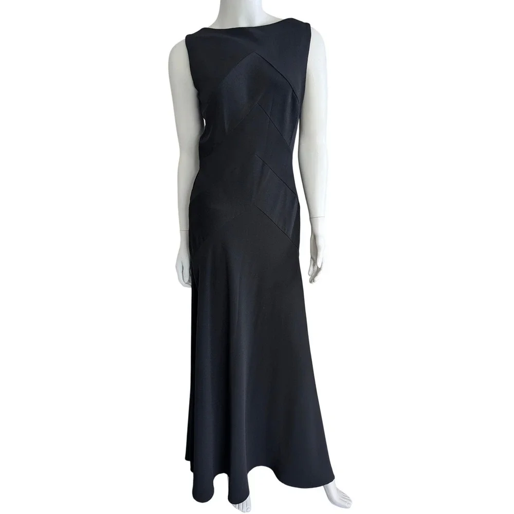 VTG Tadashi Shoji Bias Cut Maxi Dress 10 Black Low Back Minimalist Evening Gown